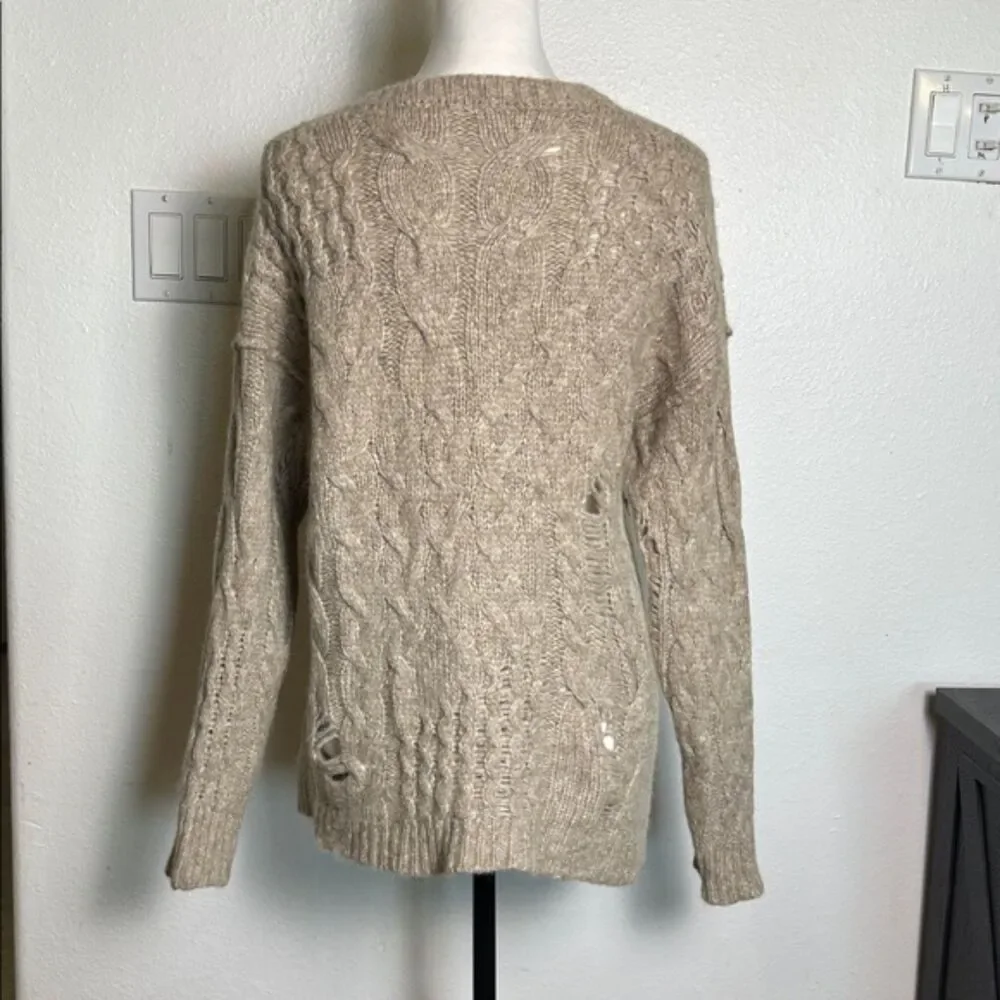 Free Peoples Chunky Cable Knit Sweater Womens XS Alpaca Wool Distressed Crew Tan